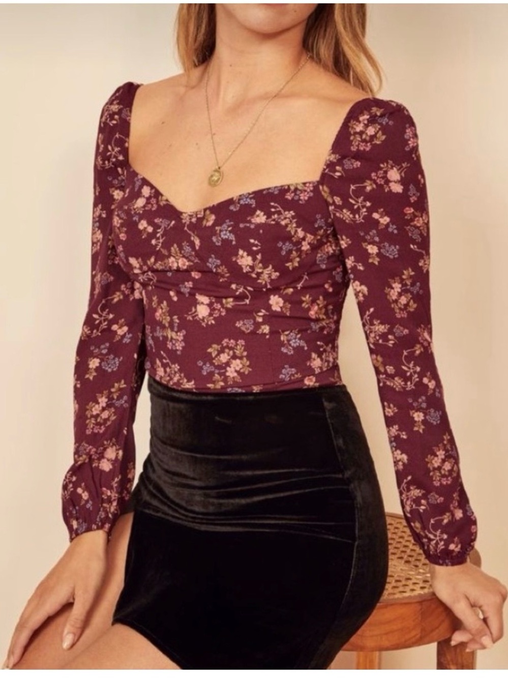 REFORMATION Floral Sweetheart Neck Puff Long‎ Sleeve Whimsigoth Coquette Top 6